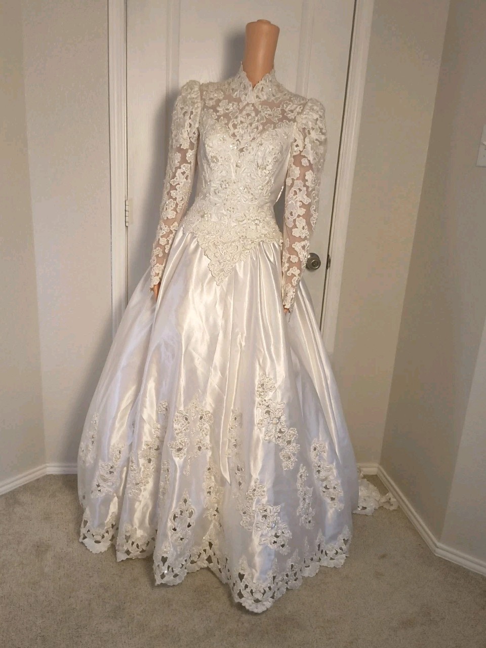 Vintage Victorian High Neck Wedding Dress Satin Lace 80s 90s Size 8 Mori Lee -43