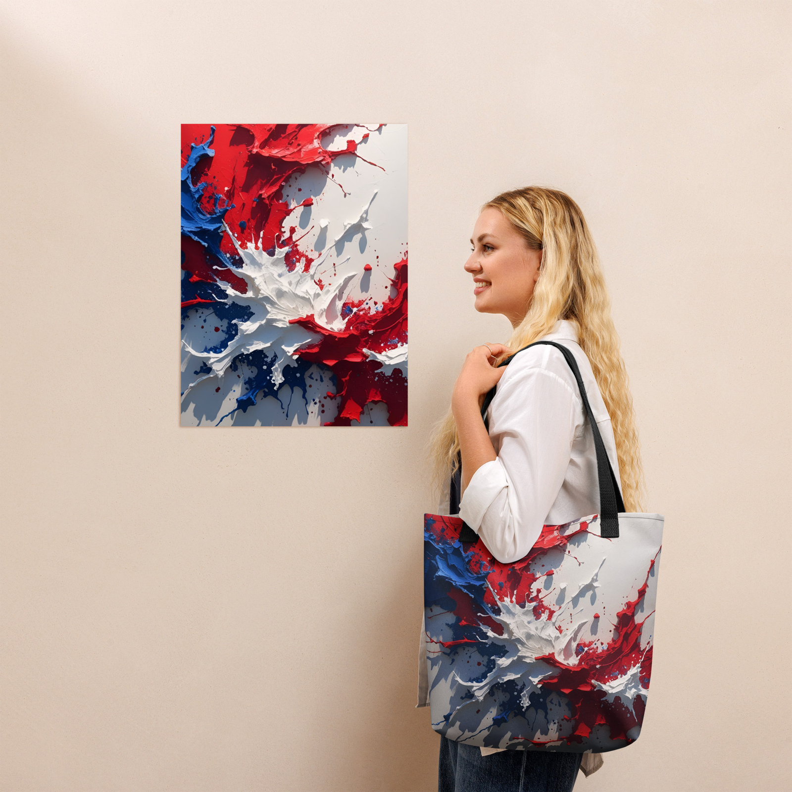 Red White Blue Paint Splatter Tote Bag 15×15 USA Patriotic Canvas Style Gift