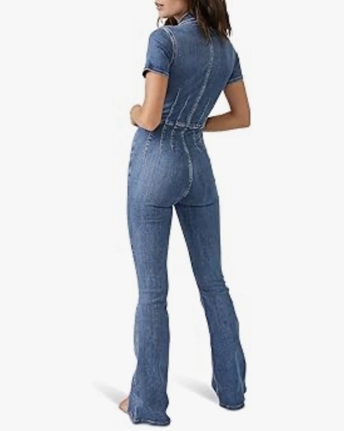 Free People Jayde Flare Denim Jumpsuit in Sunburst Blue Size S