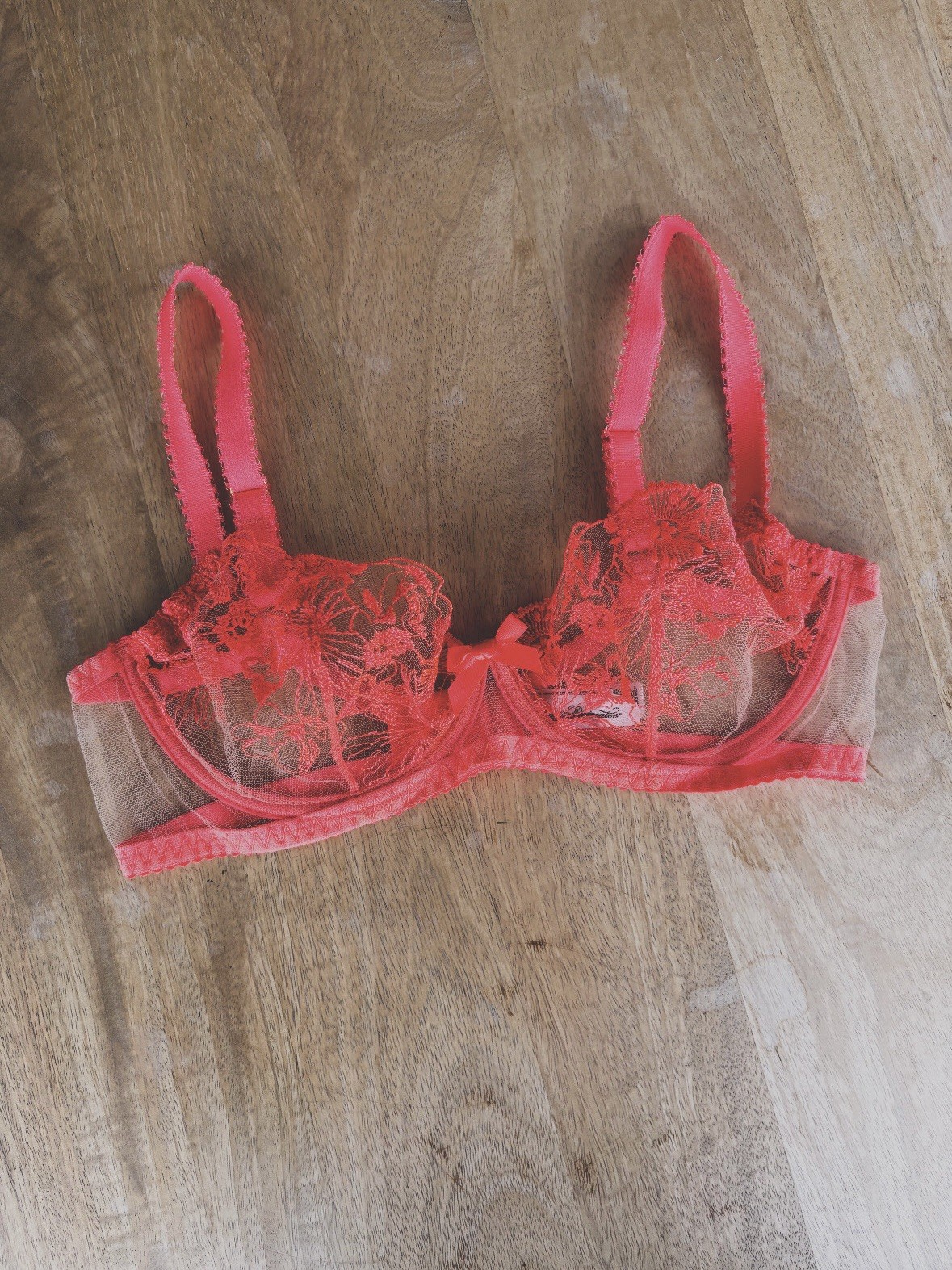Agent Provocateur Jayce Floral Vibrant Neon Coral Plunge Bra 34D
