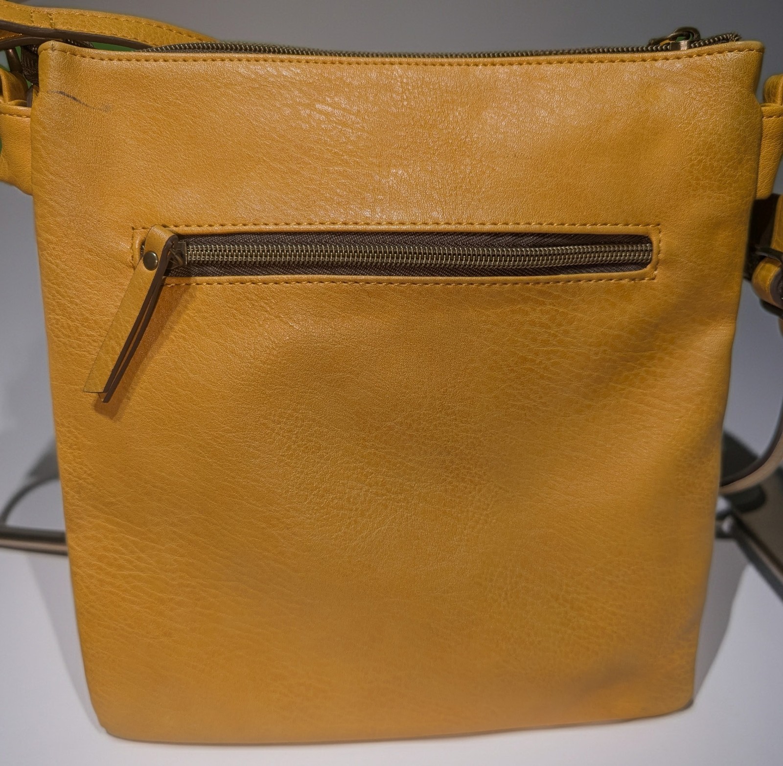 Mustard Faux Leather Crossbody Bag Multi Zip Organizer Adjustable Strap