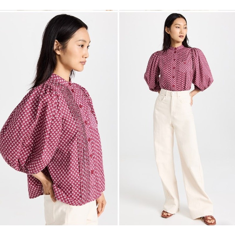 by TiMo Structured Cotton Shirt in Cranberry Floral Dots Medium Puff Sleeve
