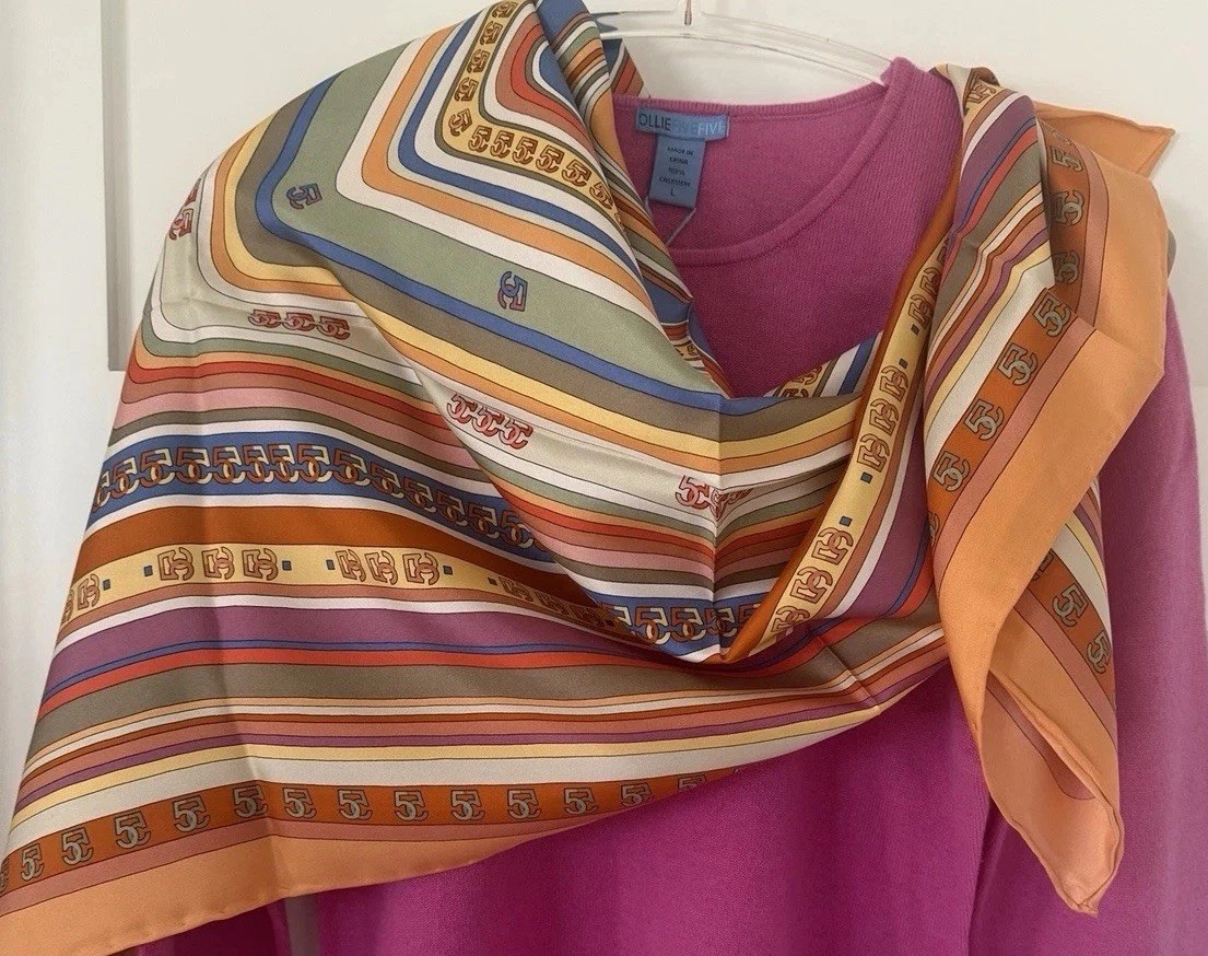 OllieFiveFive 100% Silk Scarf 42×42 Orange Pink Blue Geometric NWOT Hand Rolled
