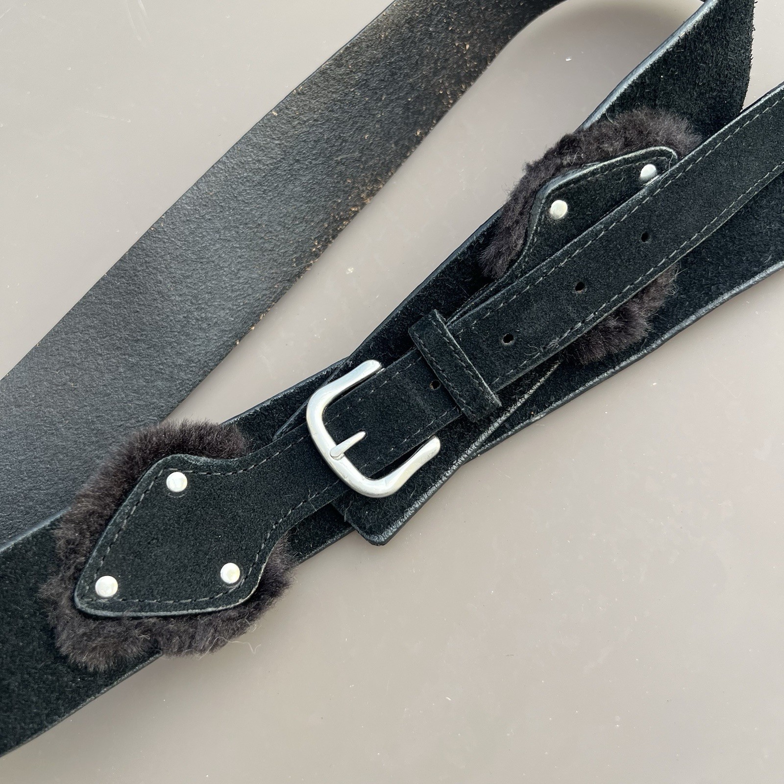 Black Suede Fur Trim Belt Solid Brass Buckle Boho Western Y2K Vintage GAP