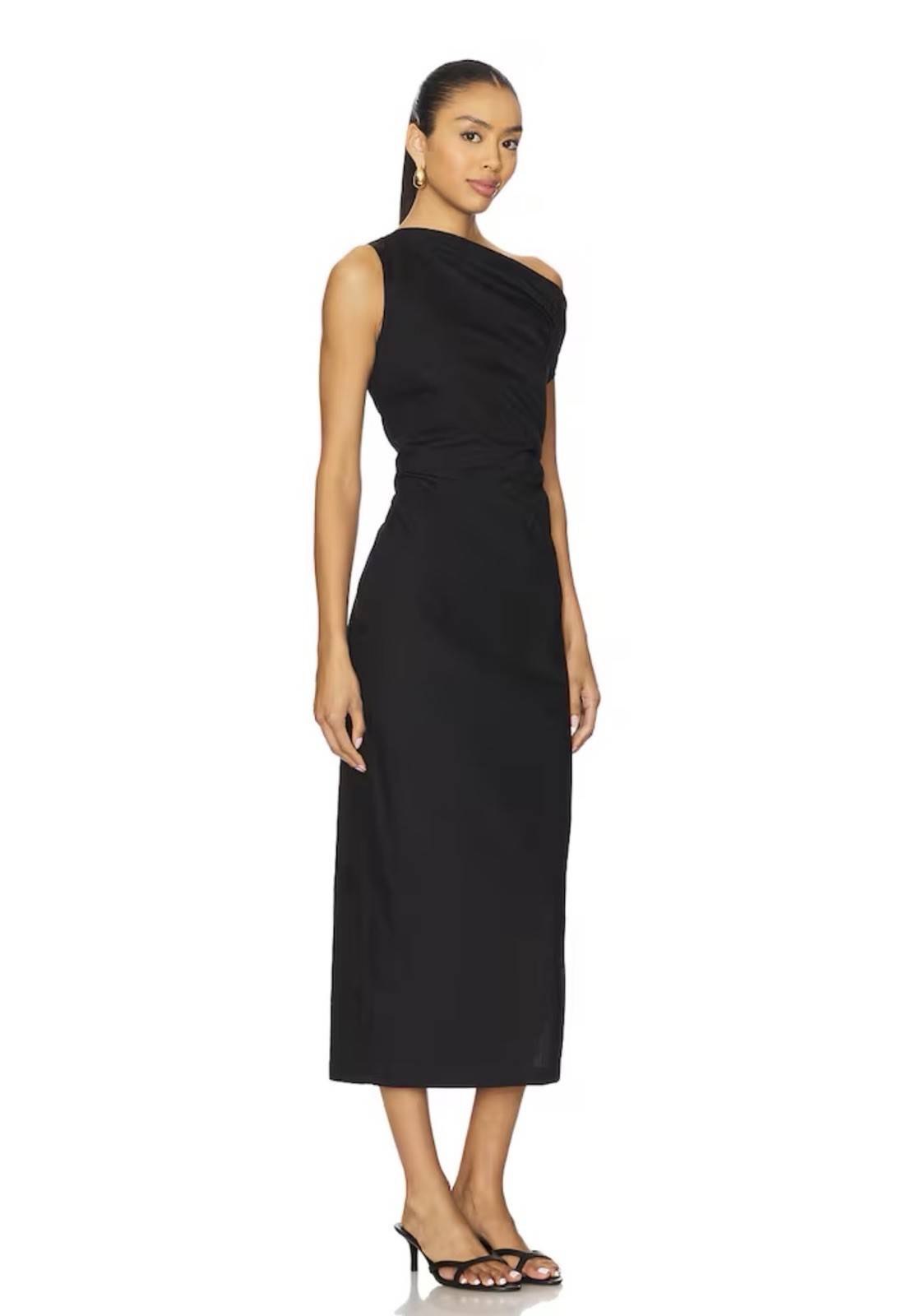 Enza Costa Revolve Black Cotton Poplin Structured Ruched Off Shoulder Midi Dress