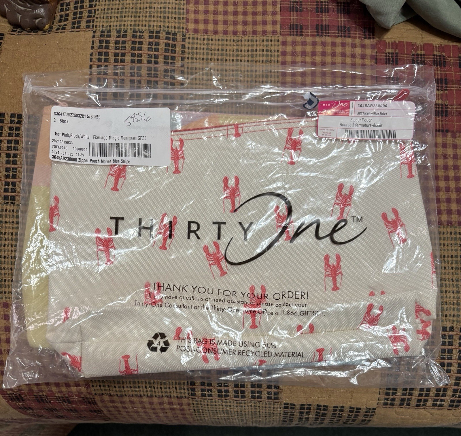 Thirty-One Zipper Pouch with Lobsters