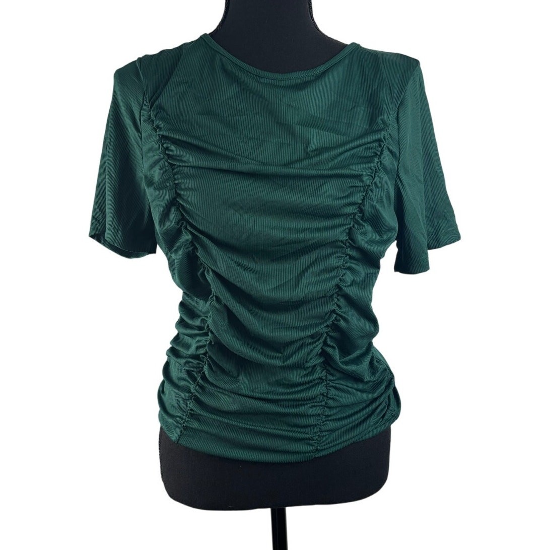 SHEIN Curve 1XL Short Sleeve Rouching in Front Dark Green Top