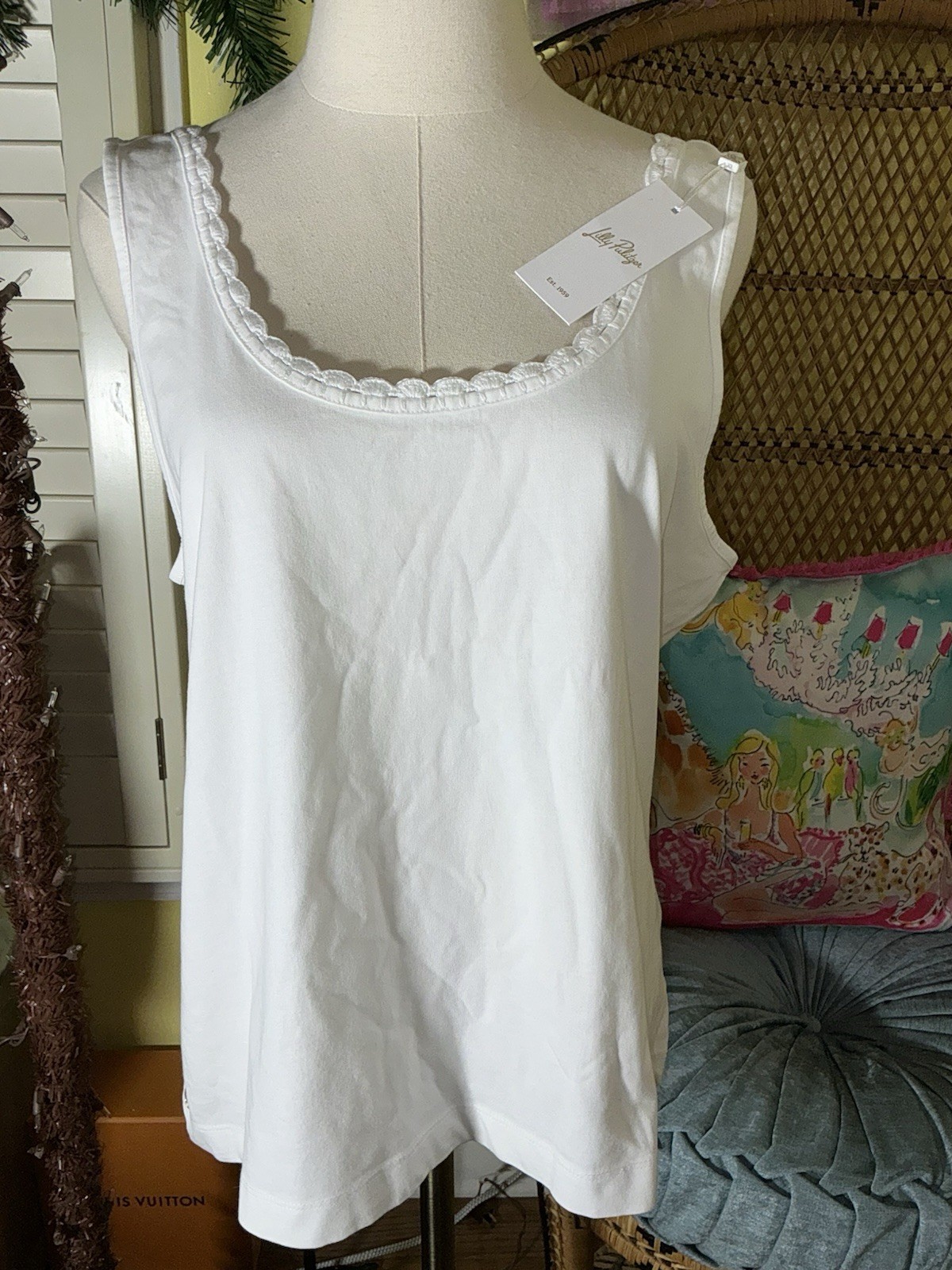 Lilly Pulitzer NWT Gabbie Crochet Trimmed Knit Tank Top White $58 Size L,XL