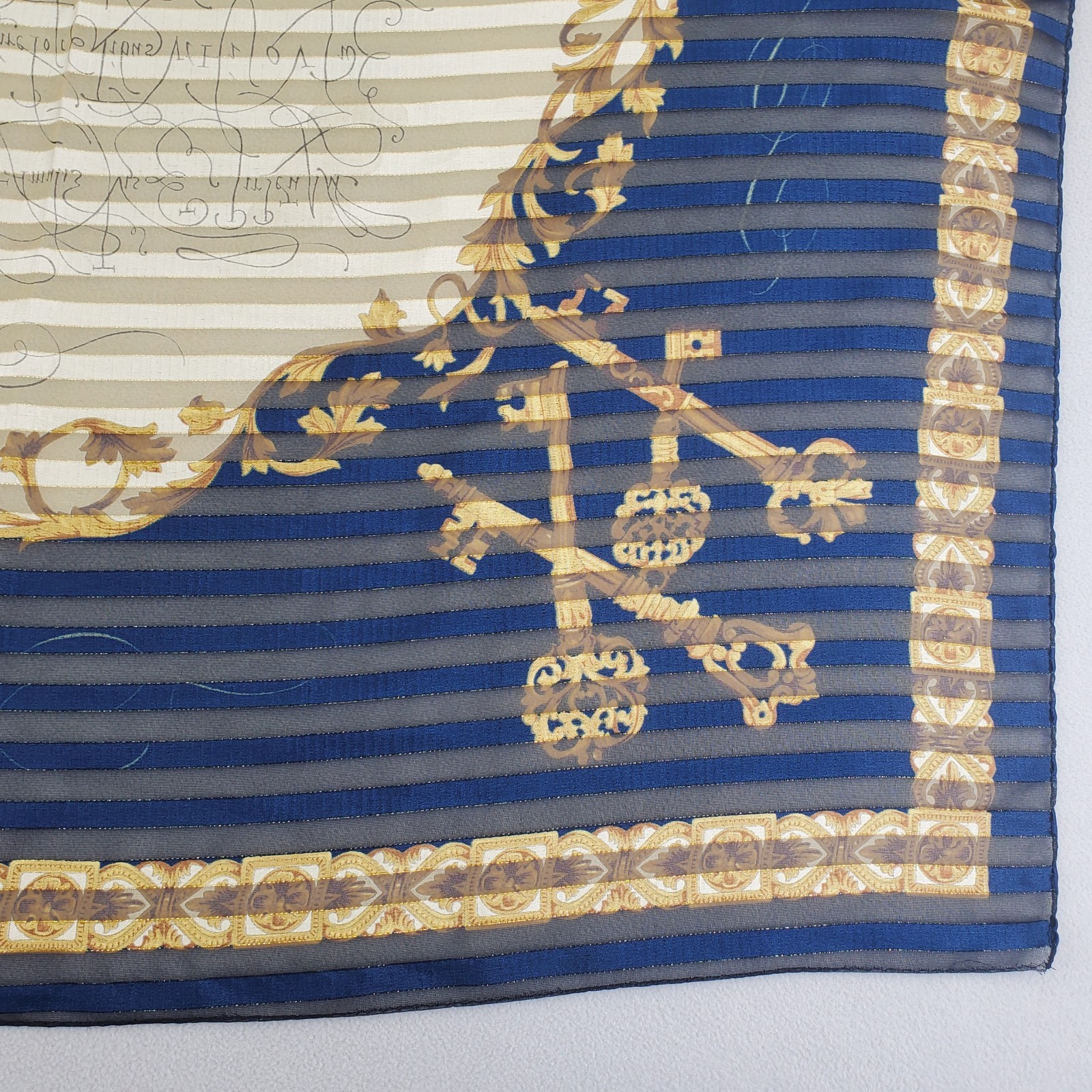 VTG Manuscript Scarf 35in Square Blue Shadow Stripe Faux Latin Gold Metallic Key