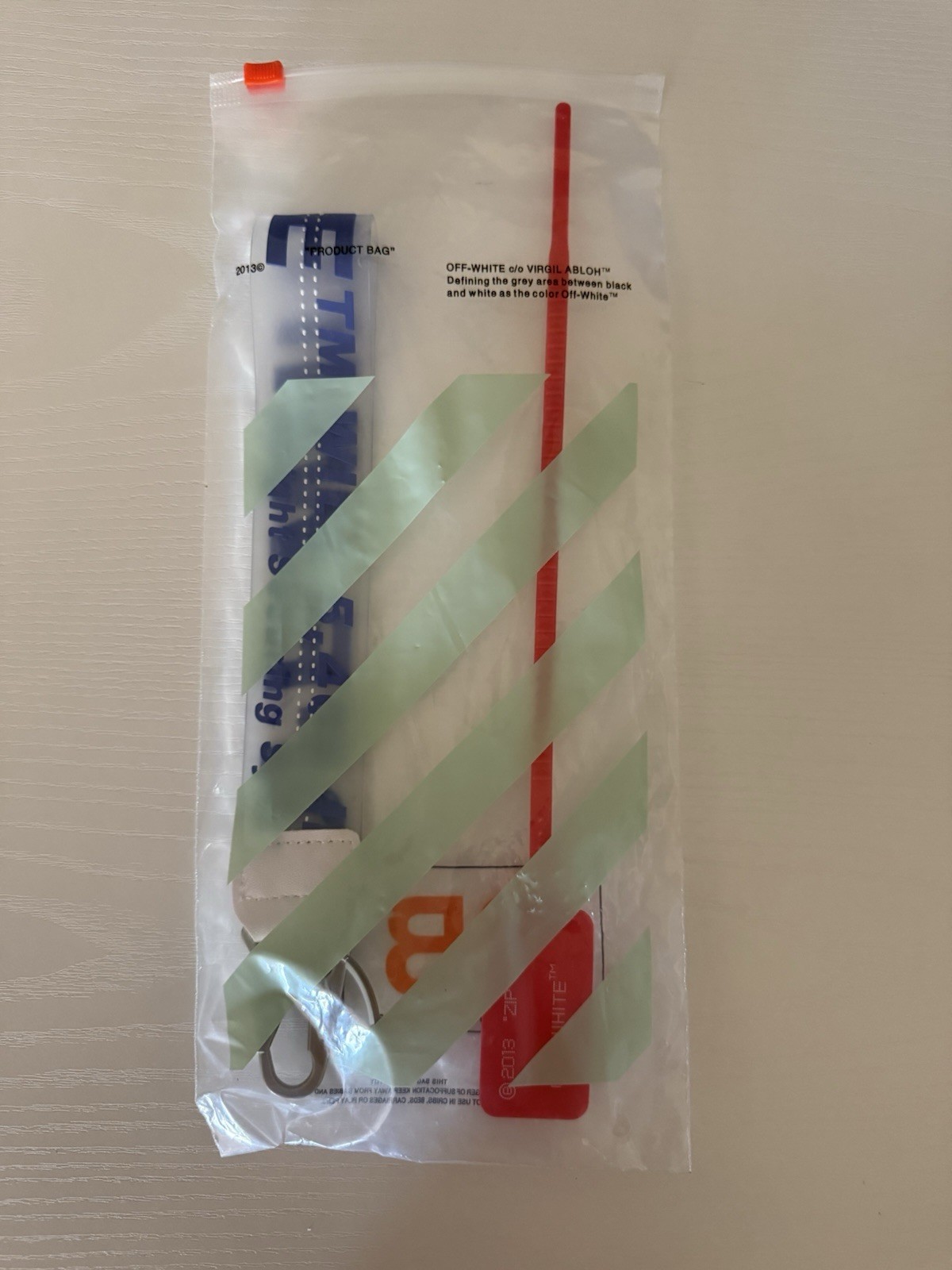 Off-White Striped Industrial Strap Key Chain Lobster Clasp Metal Ring Blue Logo