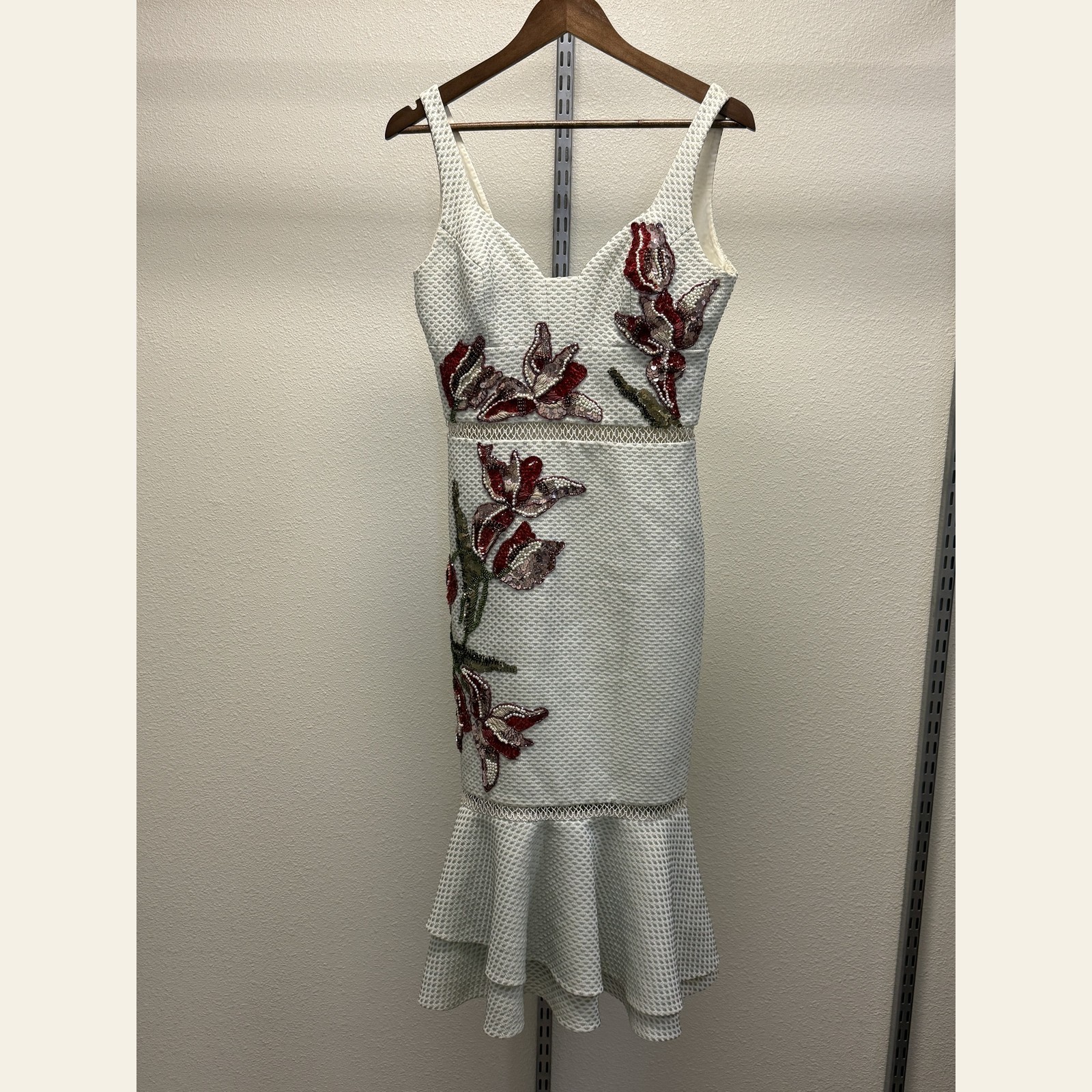 Patricia Bonaldi Beaded Floral Piqué Empire Waist Dress White Sage BR 38 US 6