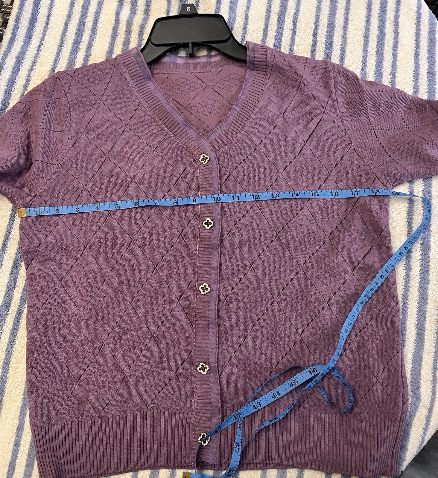 Purple Argyle Knit V-Neck short-sleeved knit pullover lace button Front Size M