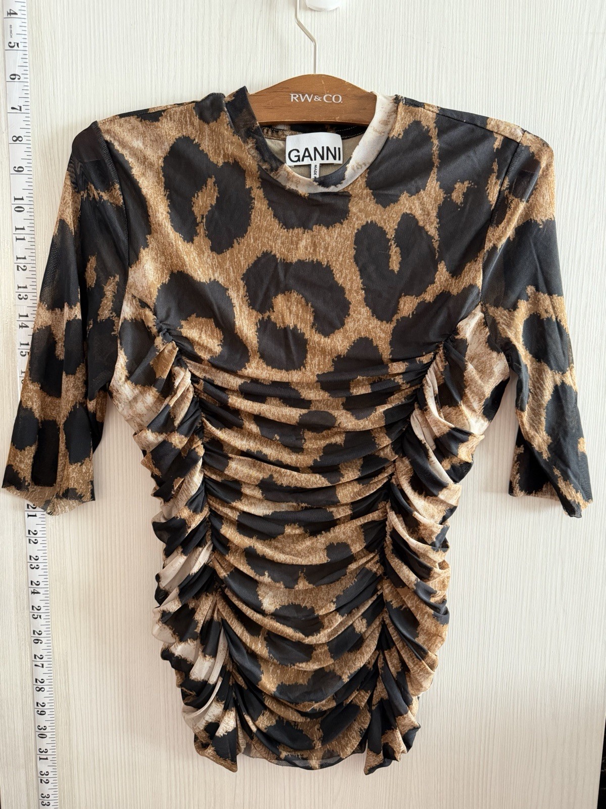 GANNI Leopard Print Mesh Ruched Mock Neck Short Sleeve Top Women’s SZ Small
