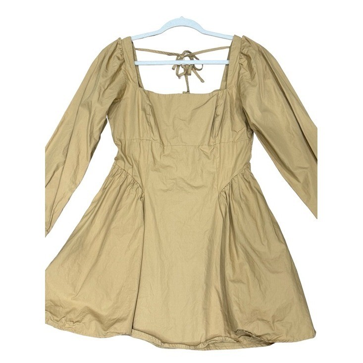 🌟 By Anthropologie Square-Neck Poplin Mini Dress Beige Long Sleeve Size Medium
