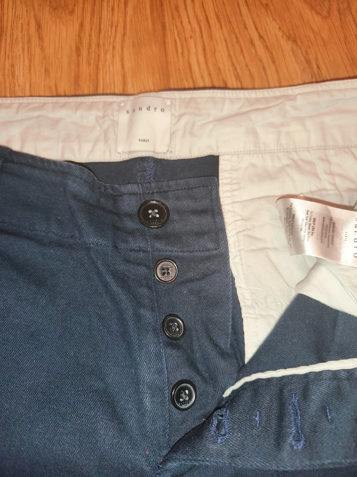 Sandro Paris Men’s Navy Blue Chino Pants Size 44 Cotton Blend Button Fly Slim