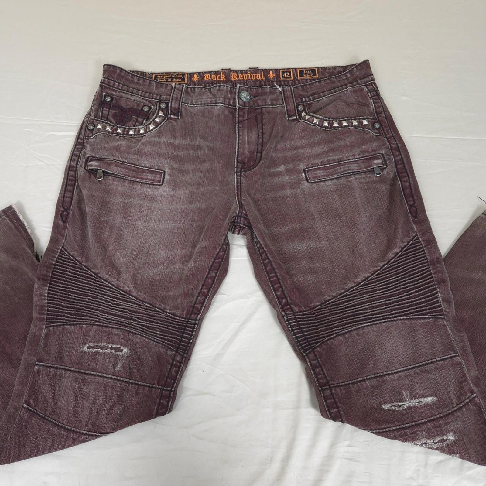 Rock Revival Mens Jack Biker Distressed Moto Jeans 42 Y2K Grunge Denim Burgundy