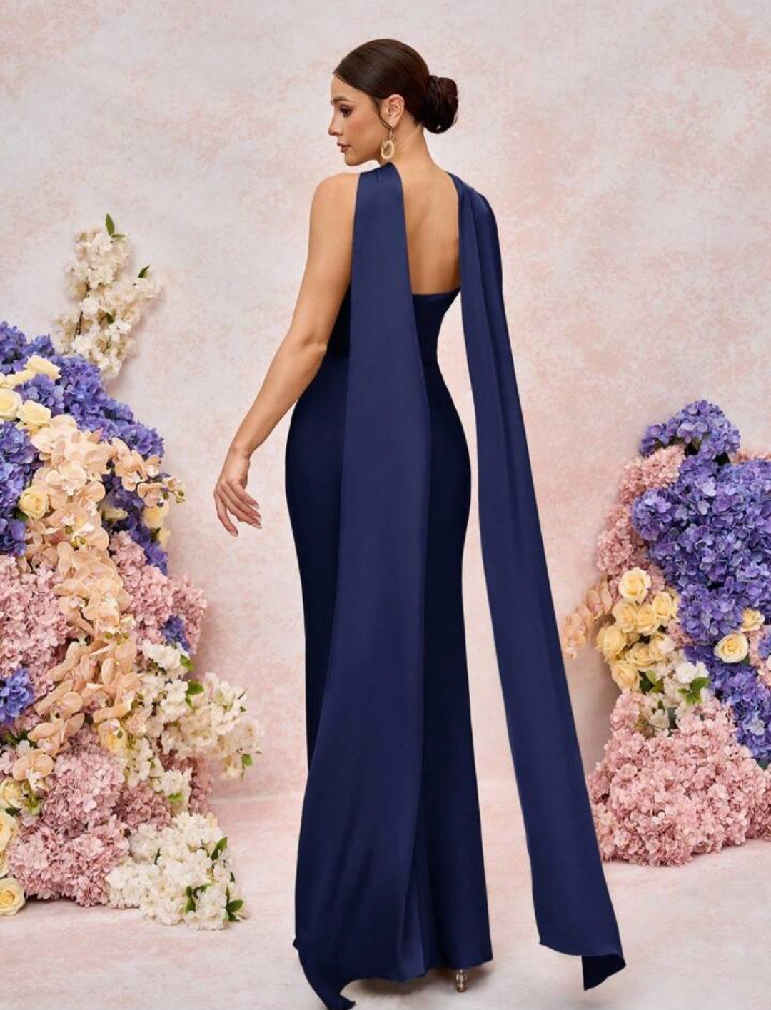 Belle Navy Blue Sleeveless Halter Ruched Mermaid Long Gown Formal Dress – Size L