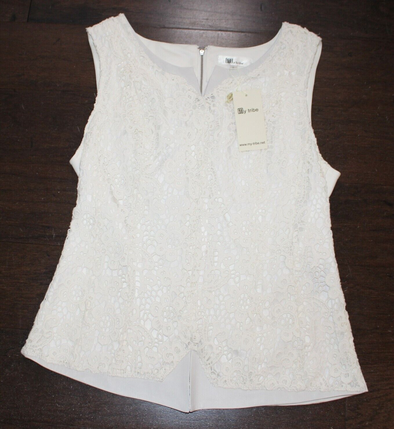 New $150 My Tribe Lace Leather Sleeveless Top Women’s LARGE L Ivory Tank Blouse