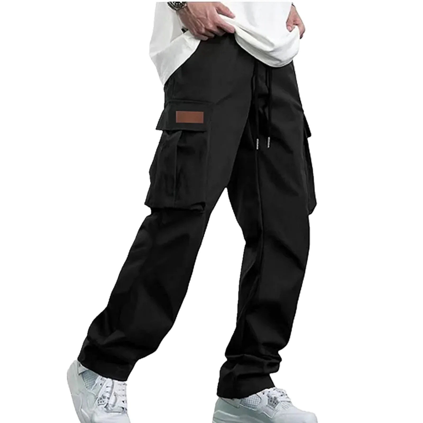 Mens Cargo Jogger Pants Drawstring Loose Fit Multi Pocket Casual Trousers