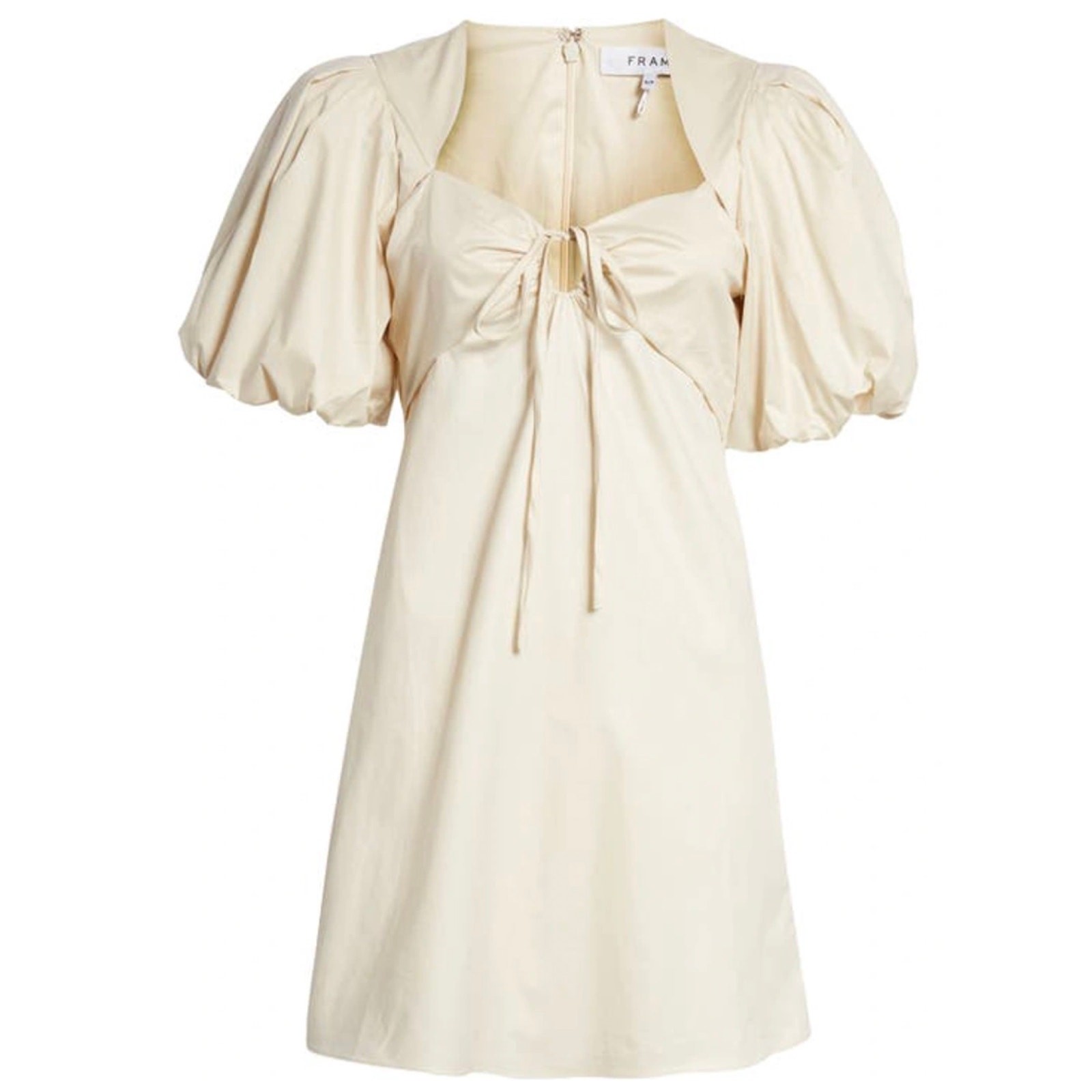 NEW Frame Tie Neck Puff Sleeve Stretch Poplin Minidress Flax Beige Cotton Medium