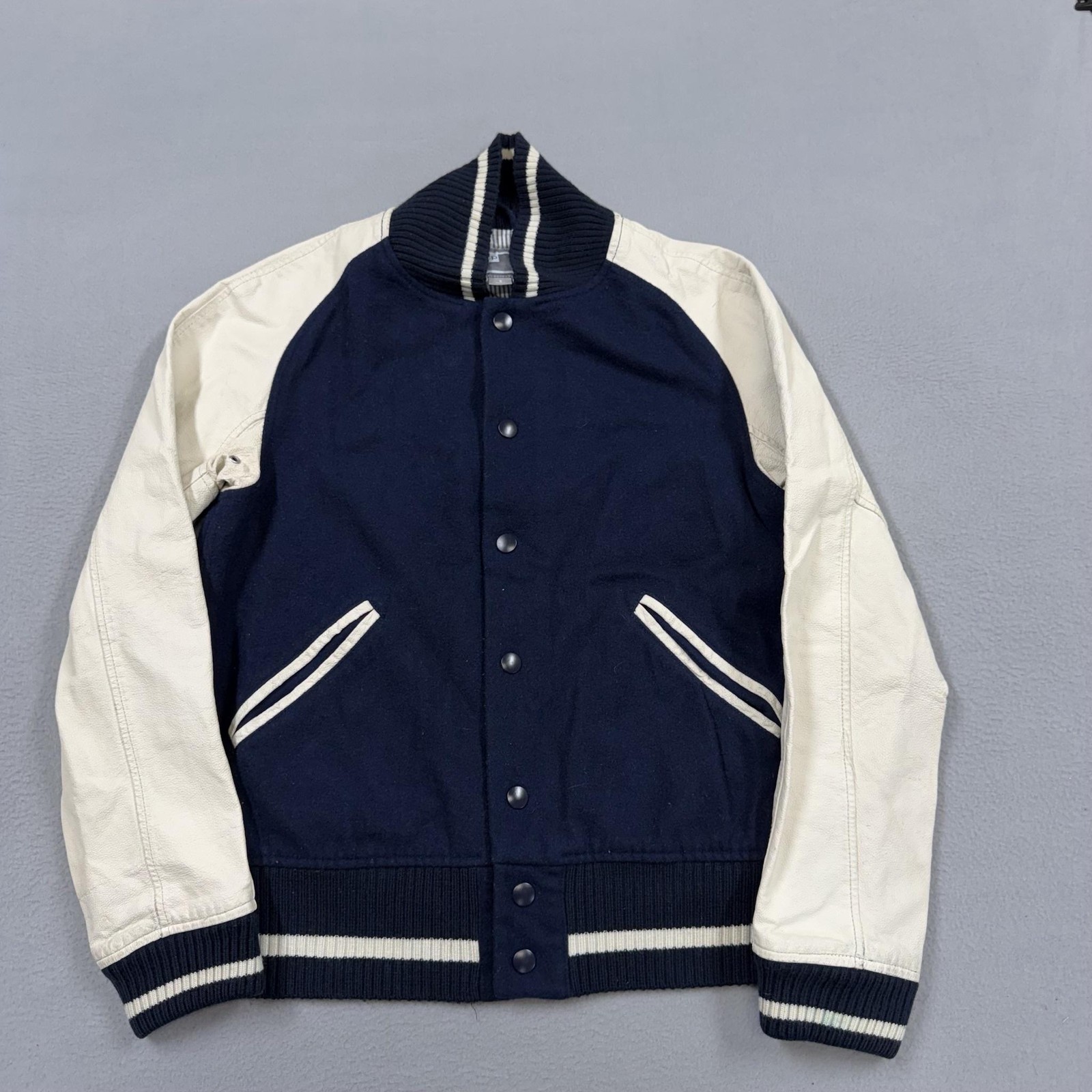 Jcp Jacket Mens Small Blue Wool Varsity Genuine Leather Sleeves Snap Front