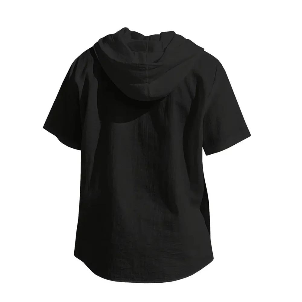 Men Cotton Linen Hooded Shirt Short Sleeve Breathable Casual Hoodie Summer Gift