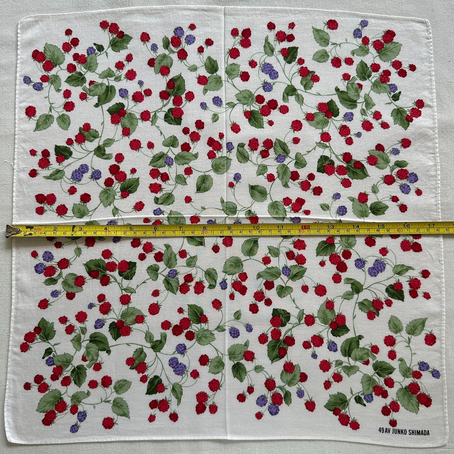 Vintage Handkerchief White Cotton Red & Black Berry Vine Pattern Scarf Hanky 17″