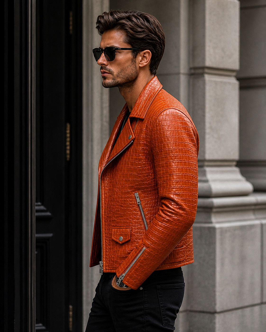 Crocodile Embossed Genuine Leather Men’s Luxury Jacket | Cafe Racer Biker Jacket