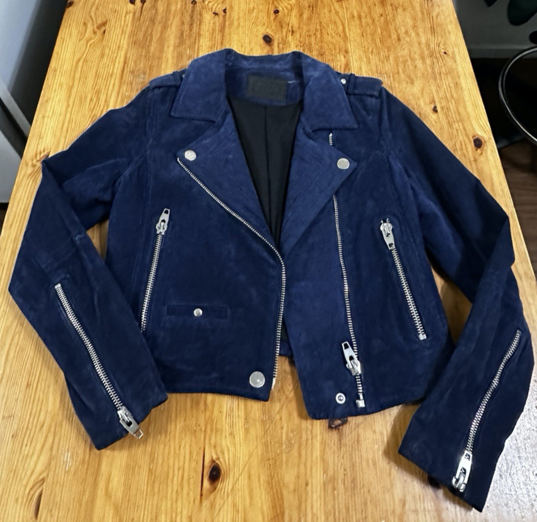 SL8 Moto Jacket Blue Leather Suede Silver Zippers Urban size Small