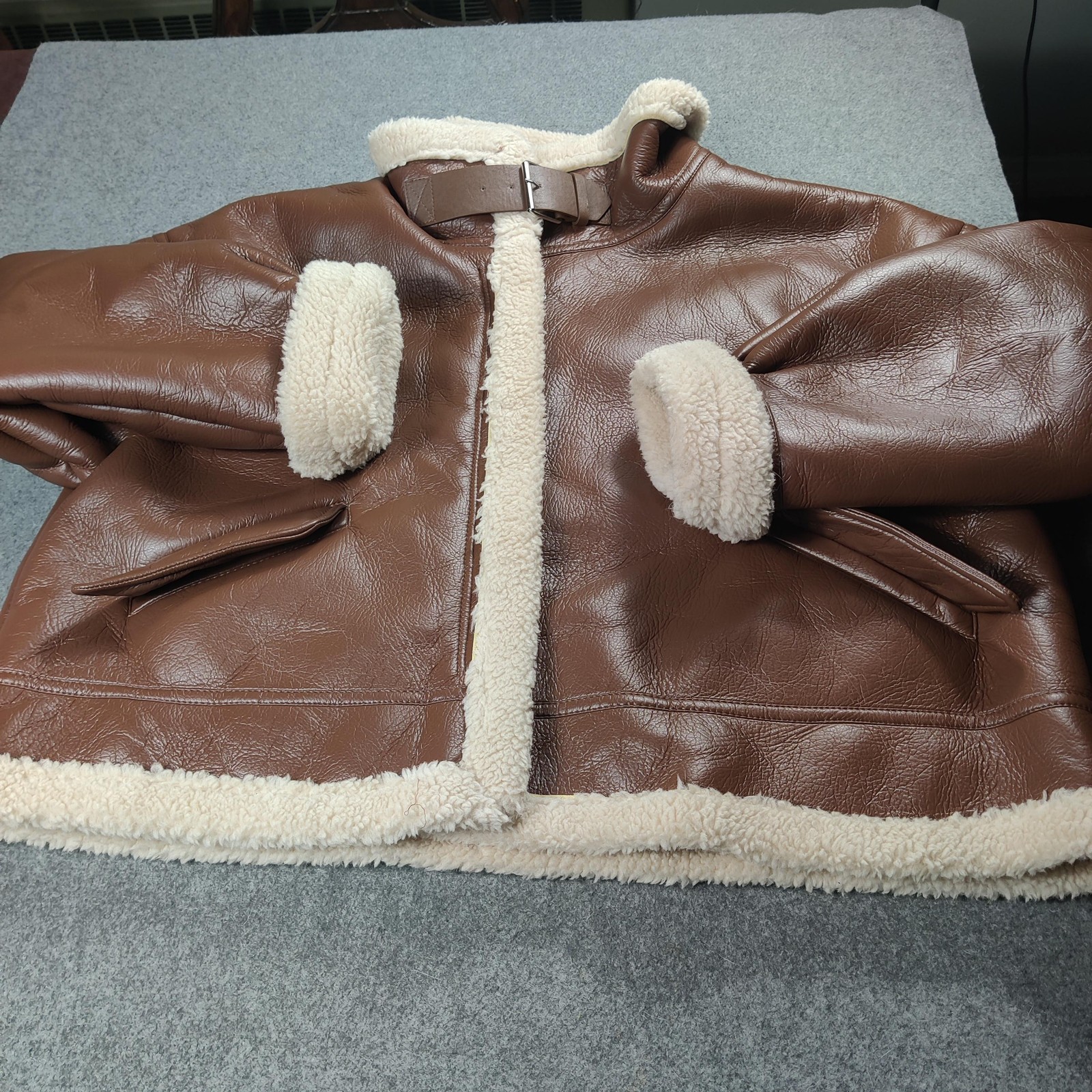 Nasty Gal Jacket Womens US 20 Brown Faux Shearling Lined Bomber Fur Trim