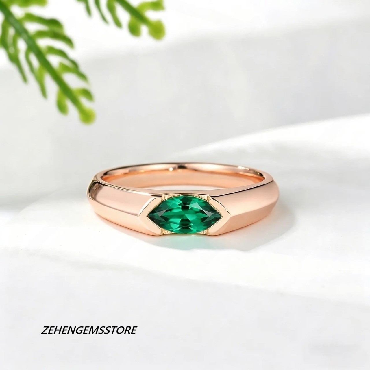 Lab Created Emerald Ring 925 Sterling Silver Rose Gold Plated Marquise Cut Ring
