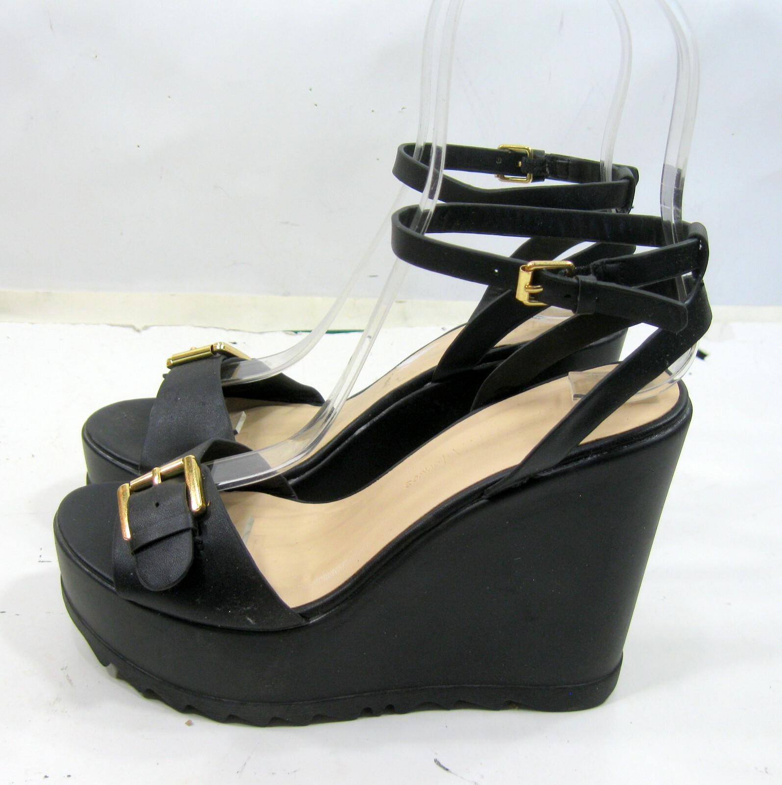 new Black 4.5″Wedge Heel 1.5″Platforms Ankle Straps Shoes WOMEN Size 7.5