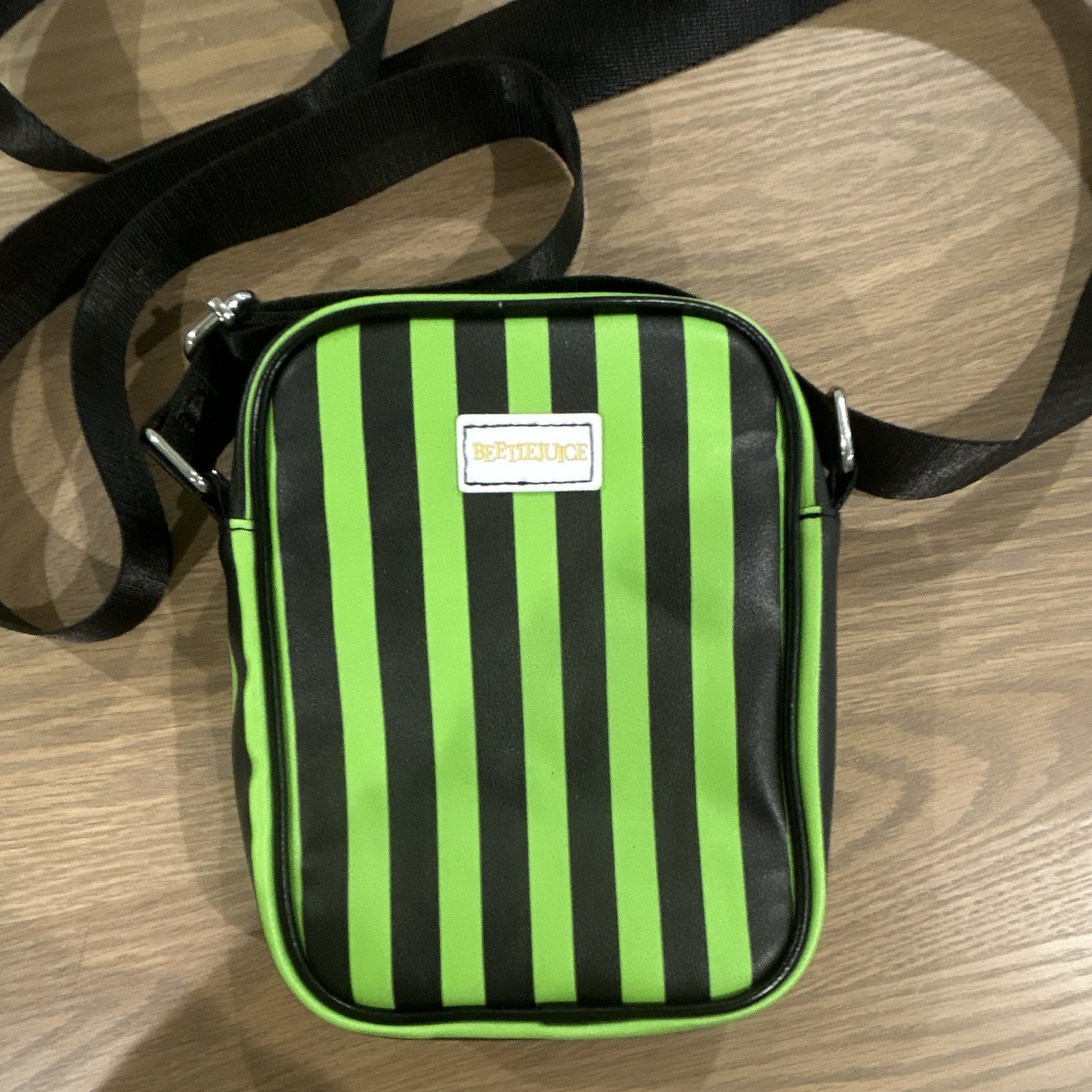 Beetlejuice Black Green Striped Crossbody Bag Adjustable Strap Zip Silver