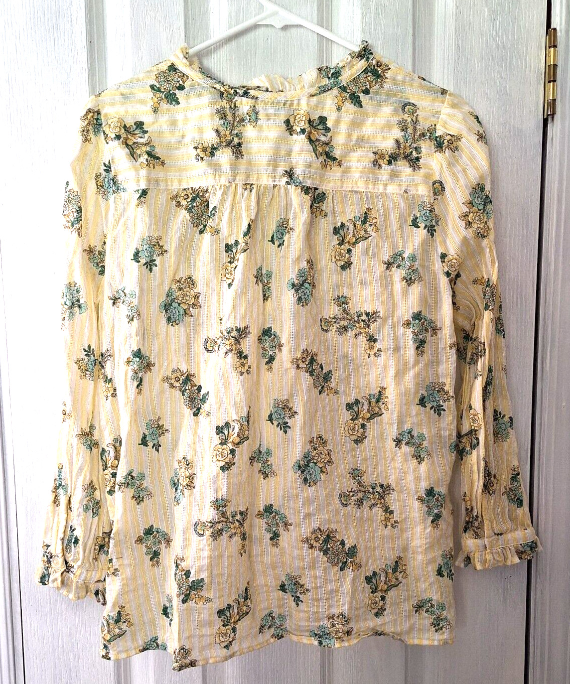 Loft Tunic Top Blouse Med 100% Cotton Ruffle Collar Cuffs Cottage Core Yellow