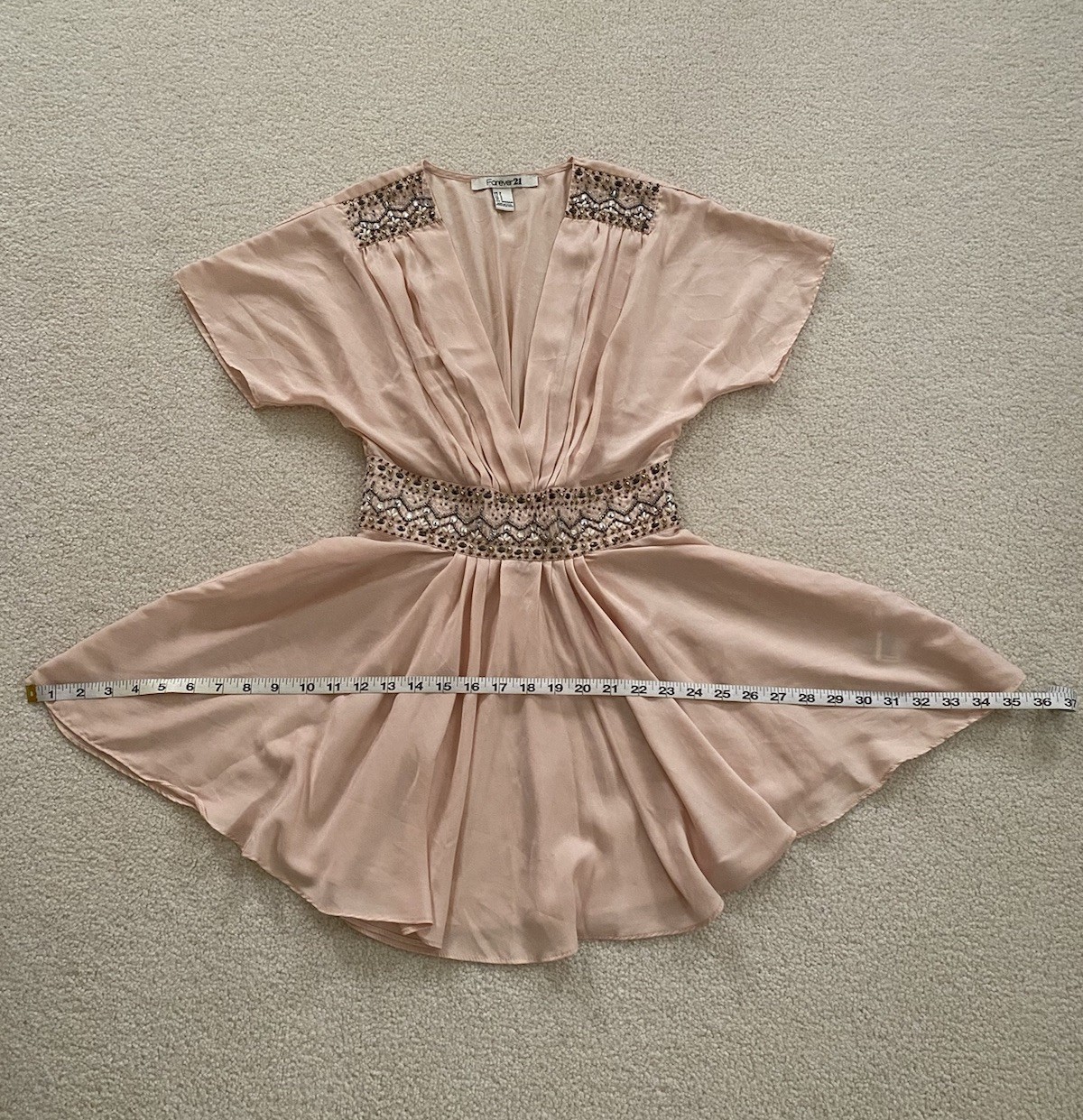 Forever 21 Peach Beaded Romantic Ethereal Babydoll V-Neck Top Short Sleeve ~ S