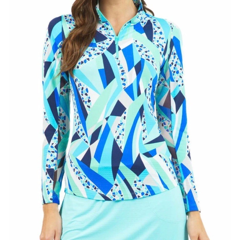 IBKUL Briana Long Sleeve Mock Neck Top Sun Shirt Blue Geometric Mosaic UPF 50 L