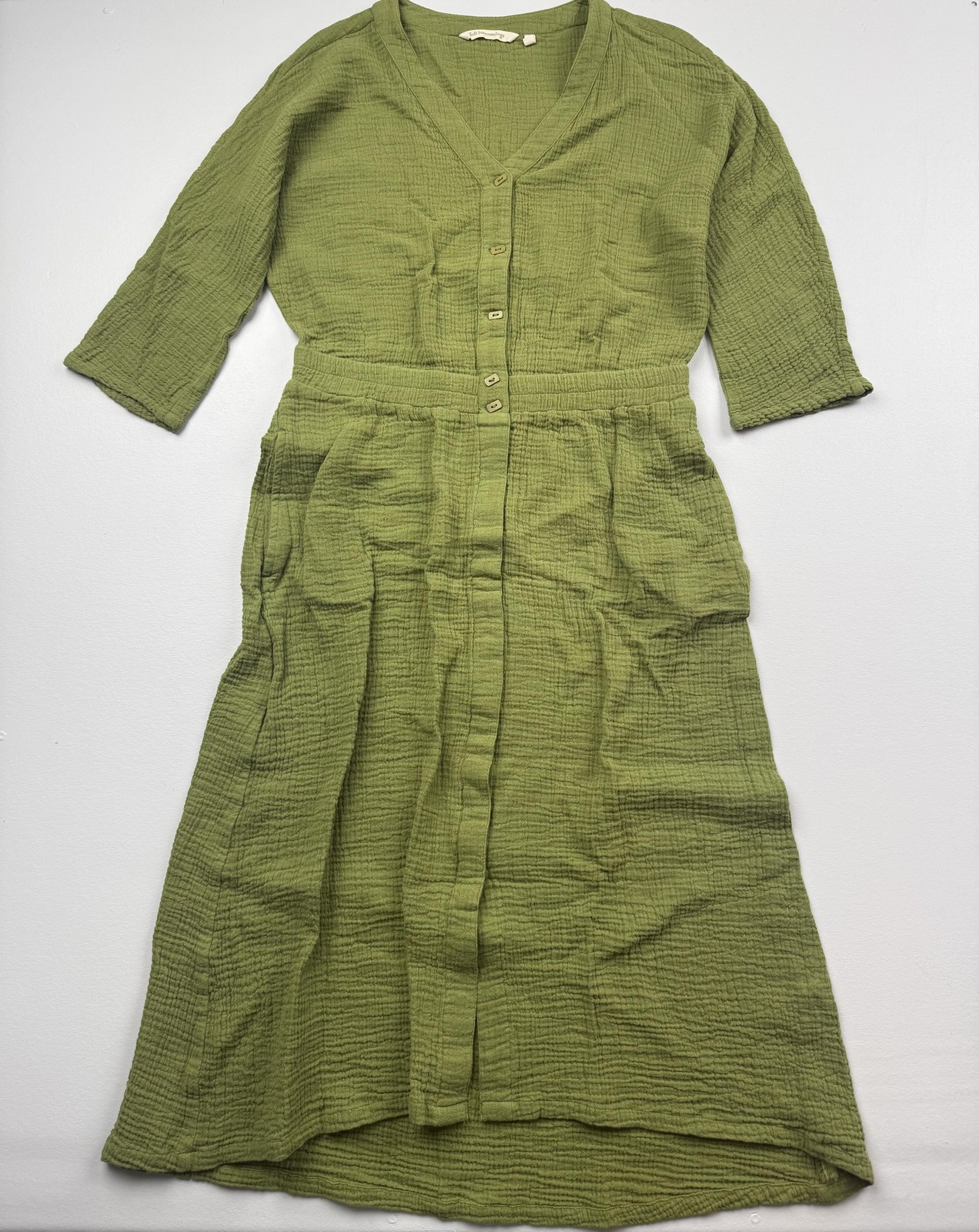 Soft Surroundings Shirt Dress Womens Small Green V Neck 3/4 Sleeve Maxi Gauze