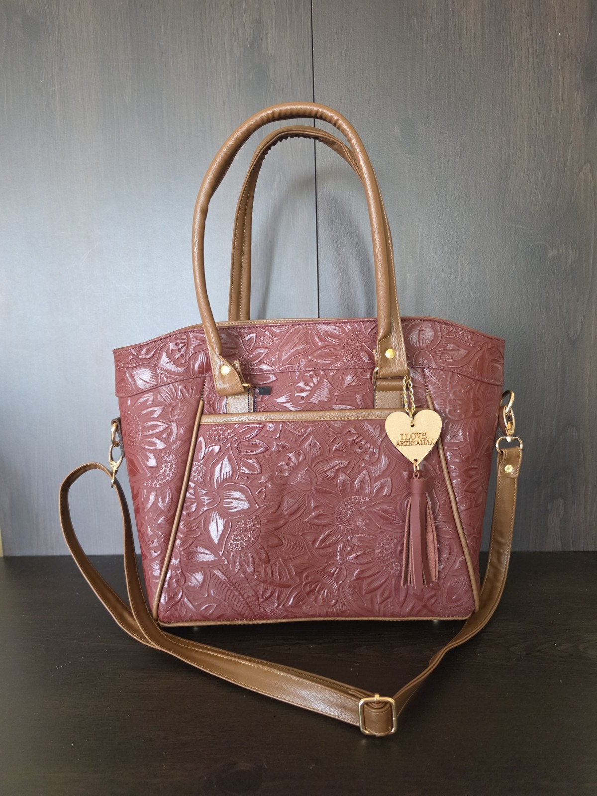 Sunflower Red Wine Brown Embossed Tooled Artisan Mexican LEATHER Purse Handbag