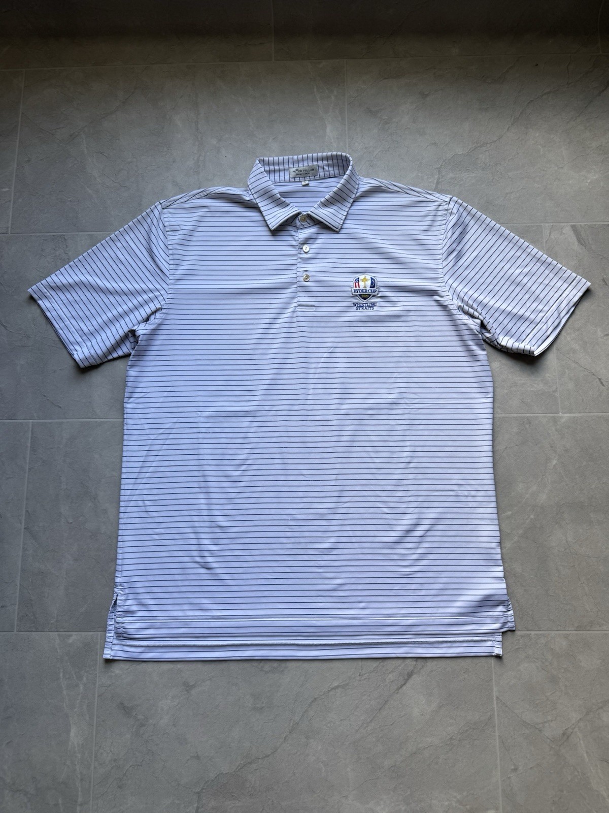 Peter Millar Summer Comfort Men’s L White/Blue Striped Ryder Cup Polo Stretch