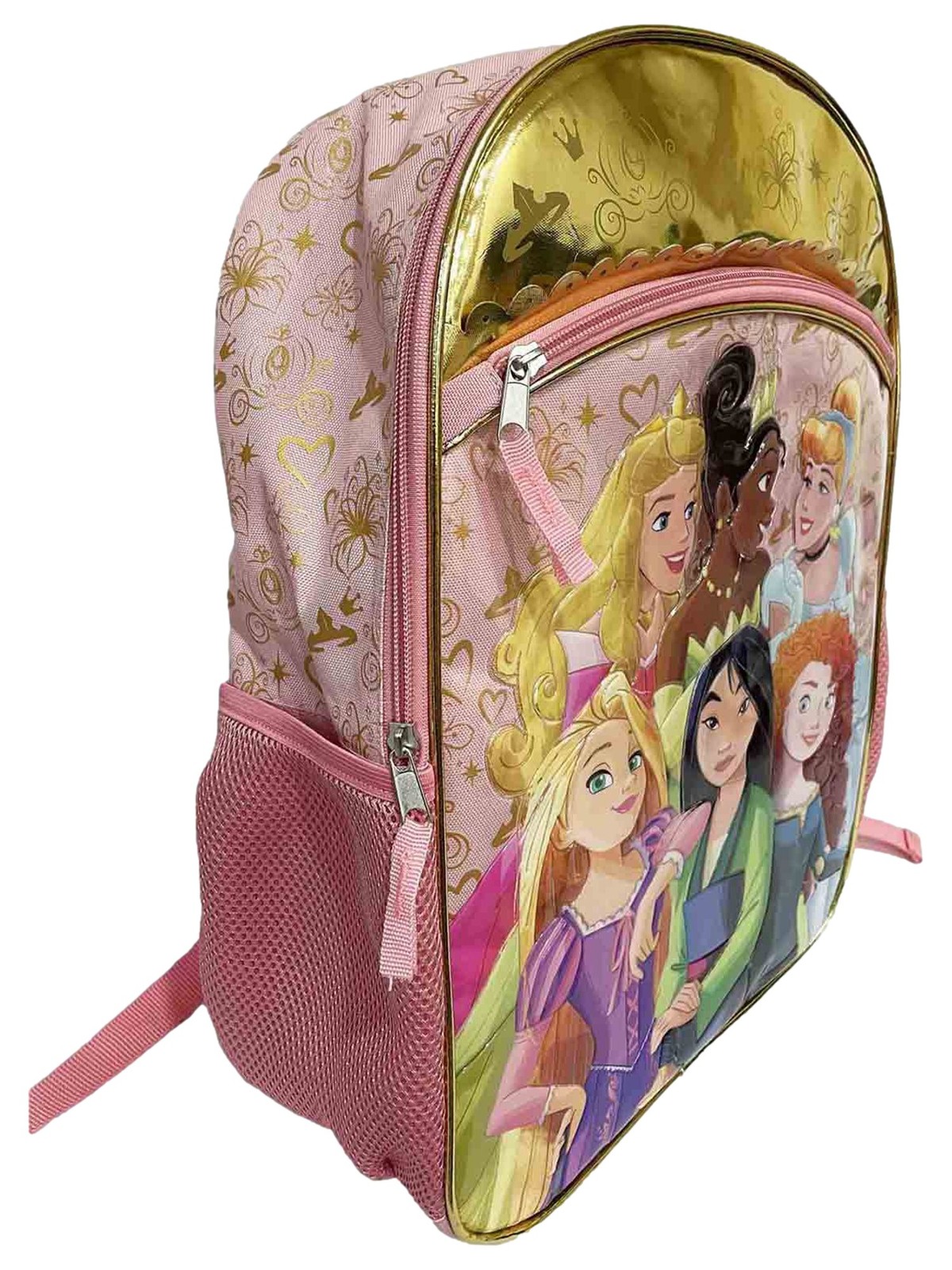 Disney Princess 17 inch Pink & Gold Backpack with 6 Princesses, School Bookbag