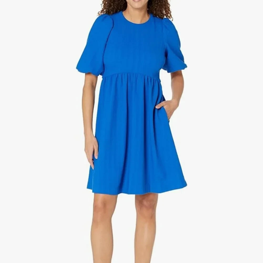 Maggy London Puff Short Sleeve Seersucker Dress w Curved Empire Waist cobalt #4
