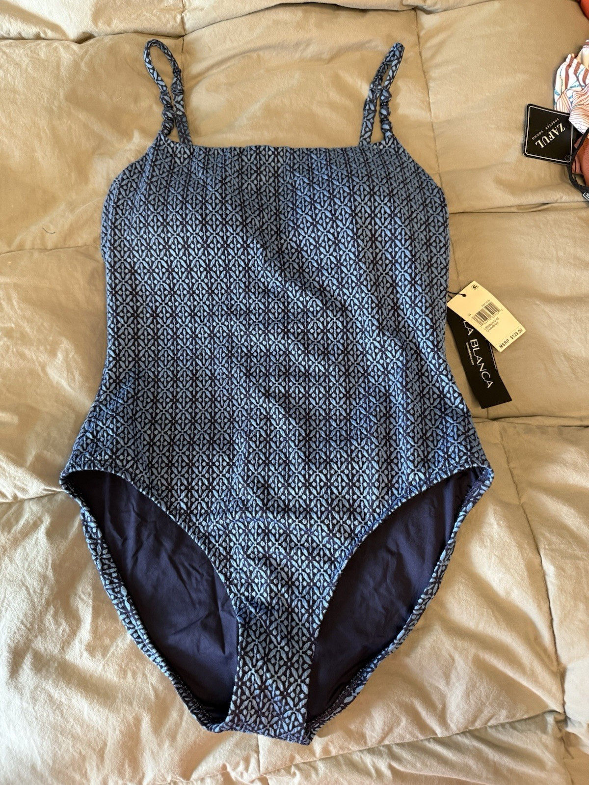 La Blanca Women’s Blue Geometric One-Piece Swimsuit Adjustable Strap 14 Regular