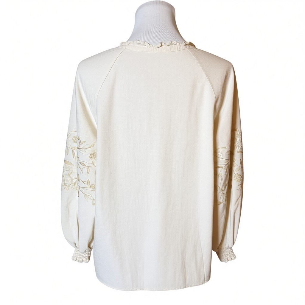 Lovestitch Embroidered Peasant Blouse Womens Small Cream Linen Blend Boho Tassel