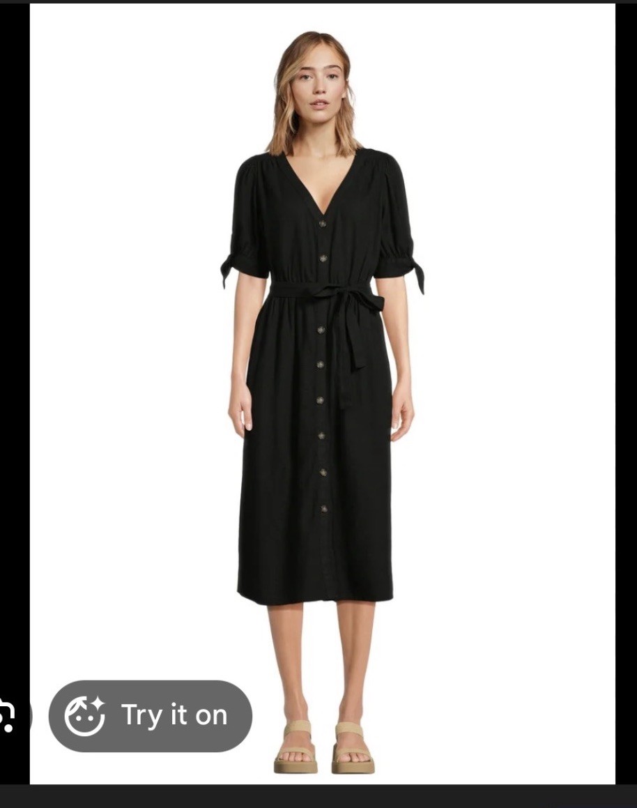 Time And Tru XS Black Linen Rayon Button Front Midi Dress Pockets