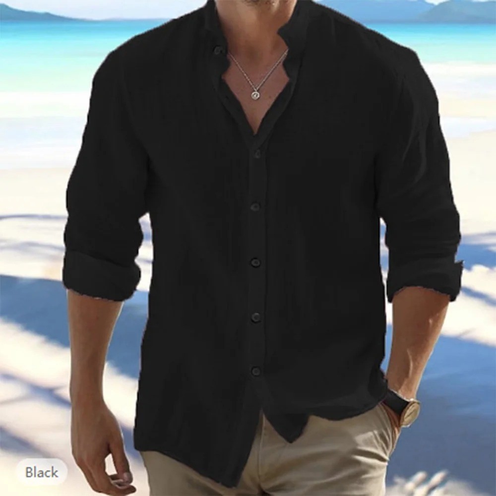 Linen Shirt Men Long Sleeve Casual Summer Beach Button Up Cotton Breathable Top