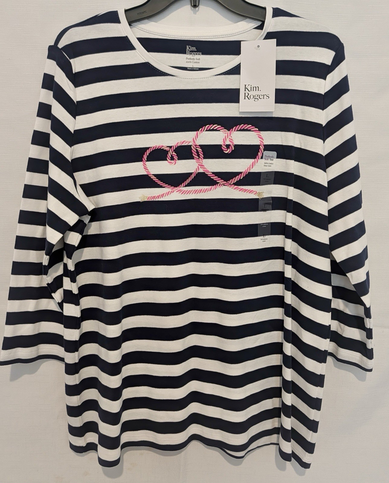 Kim Rogers Perfectly Soft L Knit T-Shirt Striped Navy White 3/4 Crew Heart