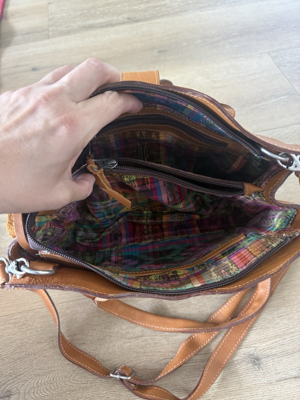 Brown Multicolor Geometric Satchel Top Handle Bag w/ Detachable Crossbody Strap