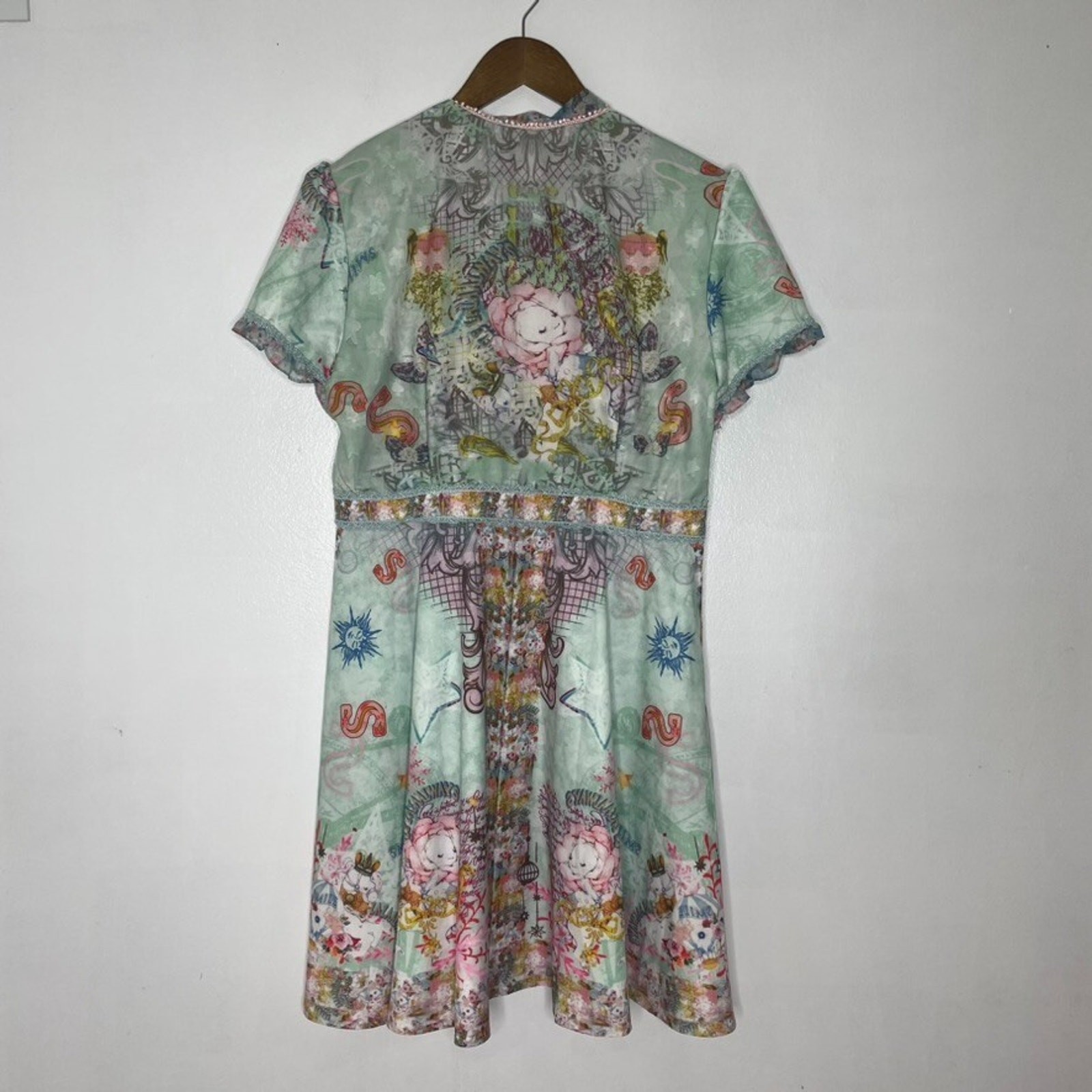 Dalia MacPhee Dress L Mint Multicolor Mesh Ruffle Neck Boho Garden Party
