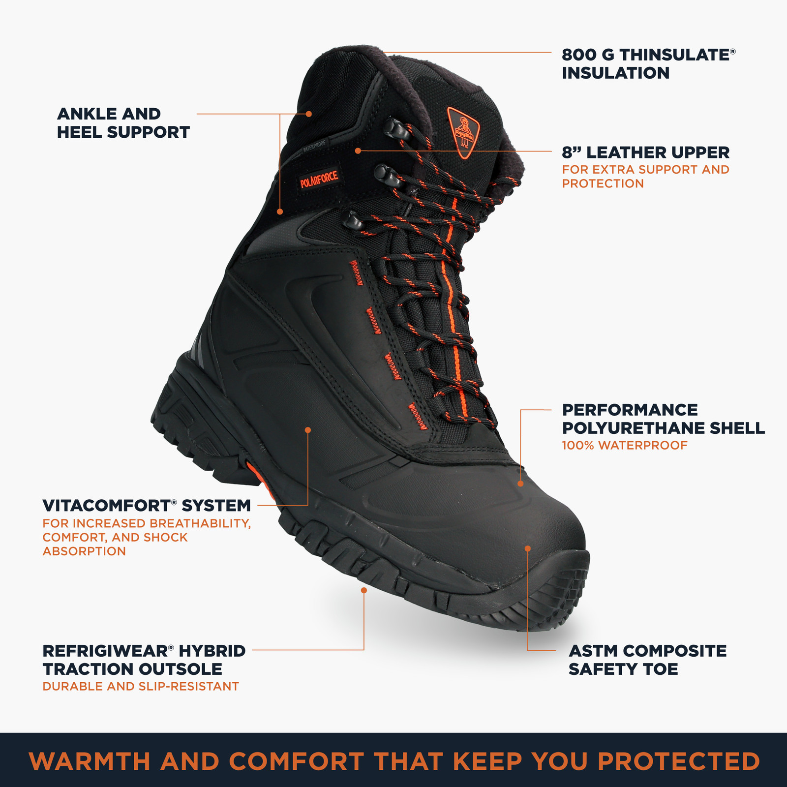 RefrigiWear Men’s PolarForce Max Waterproof Insulated 8-Inch Leather Work Boots