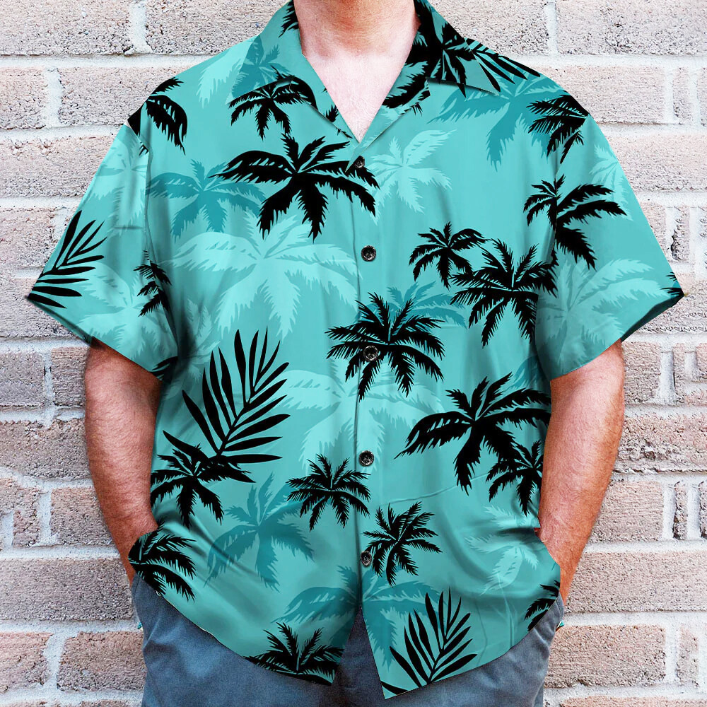 Hawaiian Shirt Mens Button Down Coconut Tree Print Beach Vacation Aloha Party